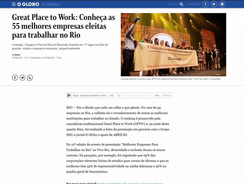 O Globo - Great Place to Work: Conheça as 55 melhores empresas eleitas para trabalhar no Rio